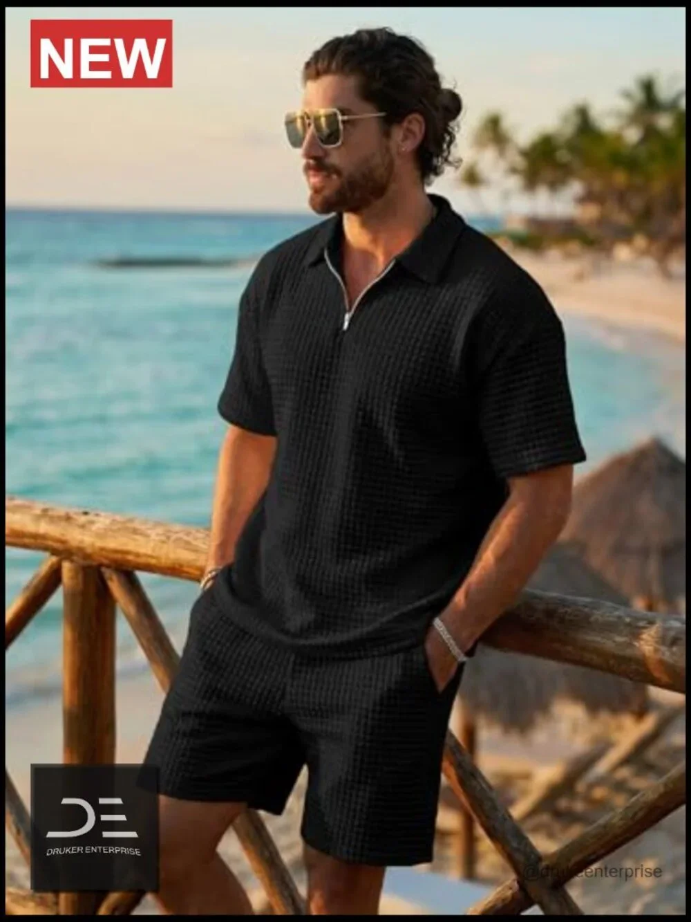 Men's 2 Piece Waffle Knit Outfit Half Zip Polo Shirt and Shorts Textured Summer